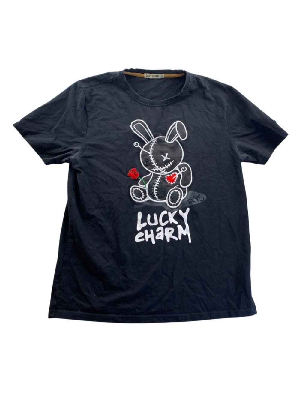 Lucky Charm T-Shirt Medium Black Embroidered Casual Tee Short Sleeve Cotton Top